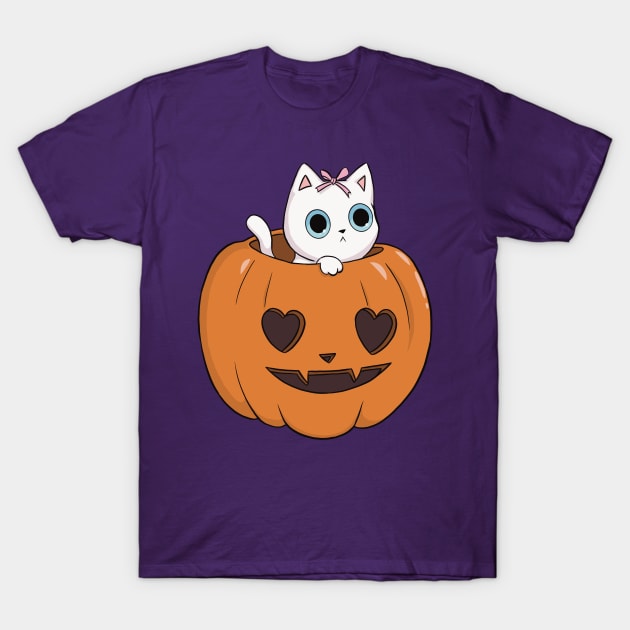 orange pumpkin white cat heart halloween coquette dollette T-Shirt by maoudraw